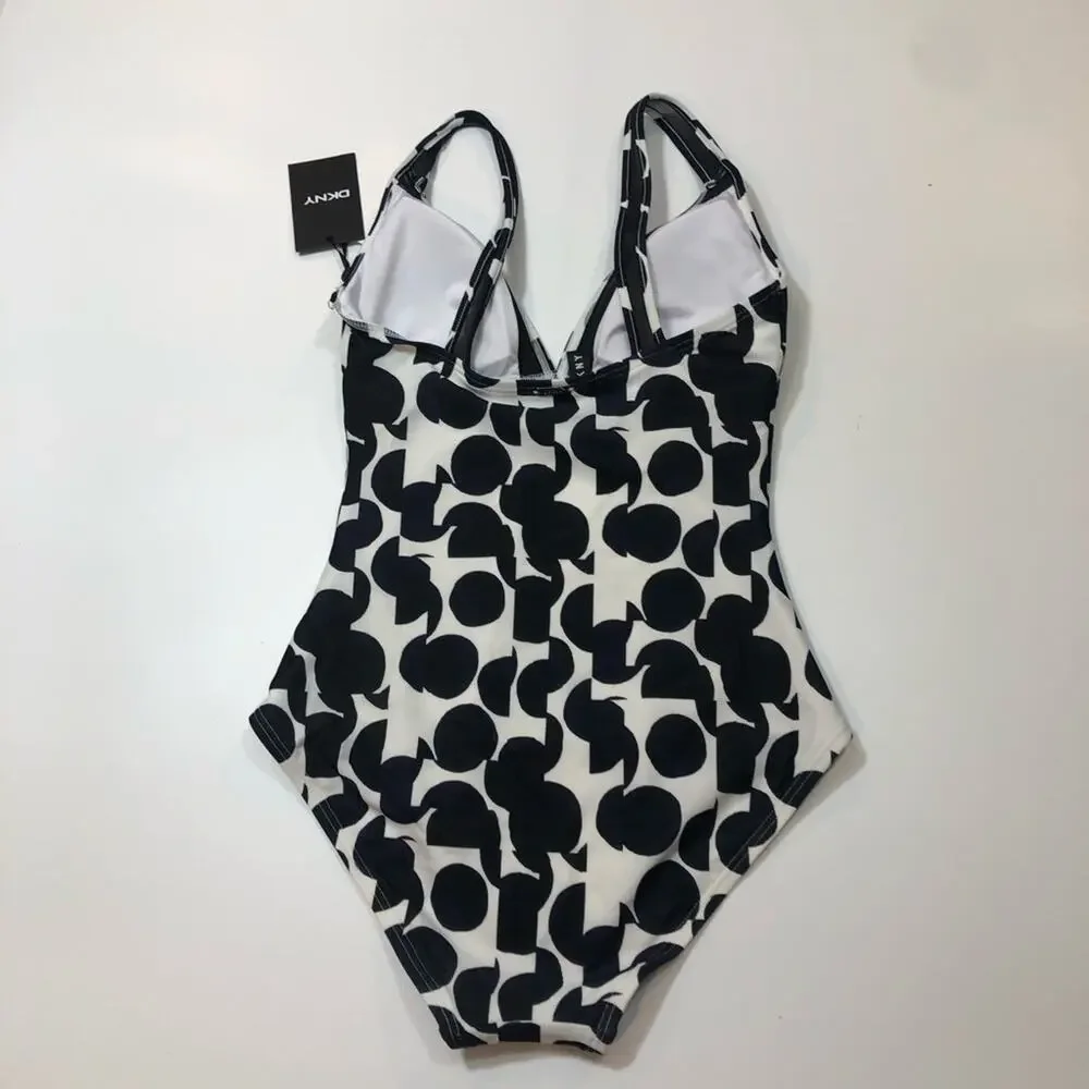 DKNY NAVY MULTI DOT Mesh-Trim One-Piece Swimsuit